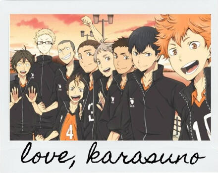 a polaroid picture of karasuno that says "love, karasuno" as the caption